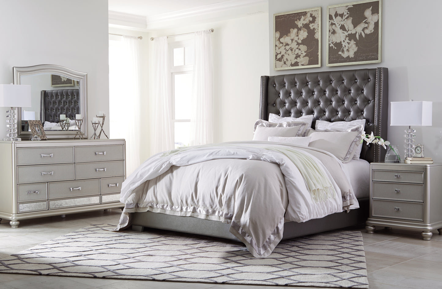 Coralayne California King Upholstered Bed with Mirrored Dresser and Chest